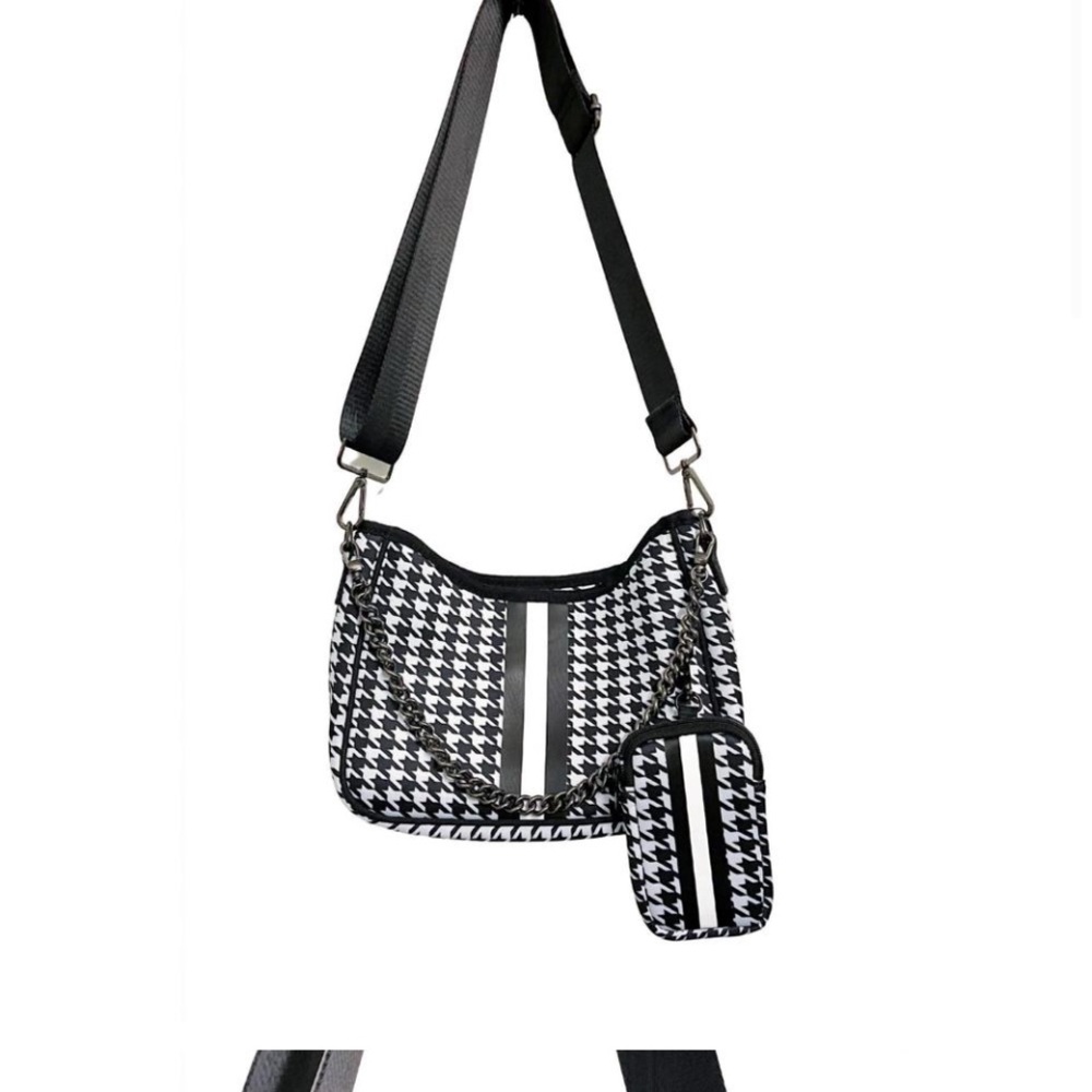 HAUTE SHORE Black and White Crossbody Bag with Houndstooth Pattern
Neoprene